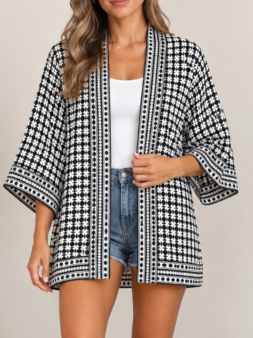 Women’s Black & White Geometric Kimono - NWOT- Size M - Oversized